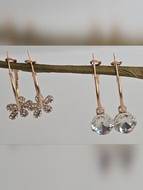 Gold Tone Hoop Earrings with Clear Crystal and Floral Charms